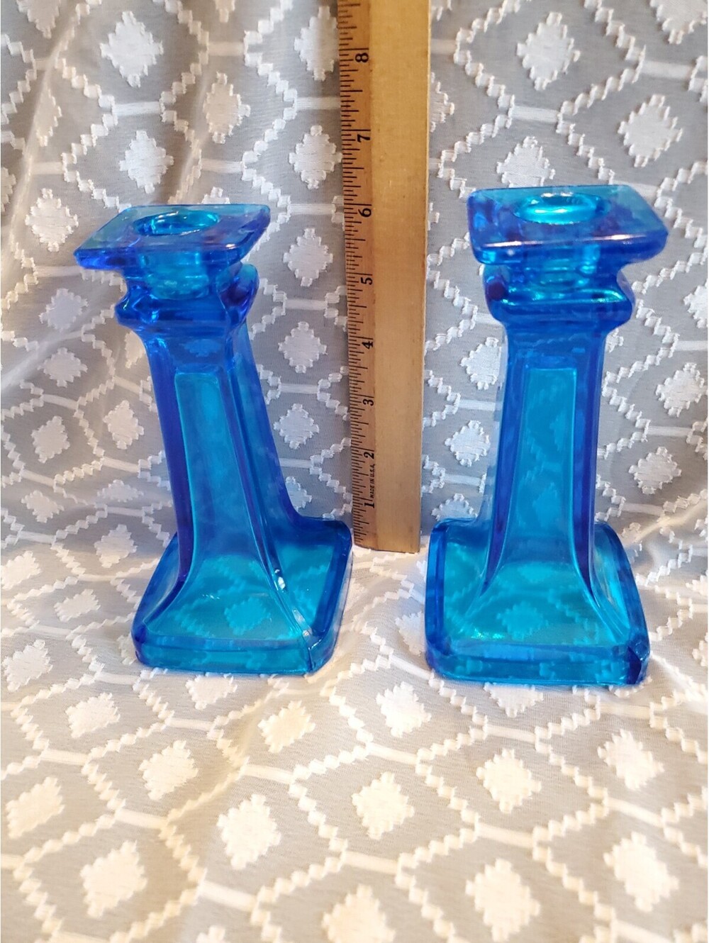 2 Vintage Mosser aquamarine mercury blue Candlesticks